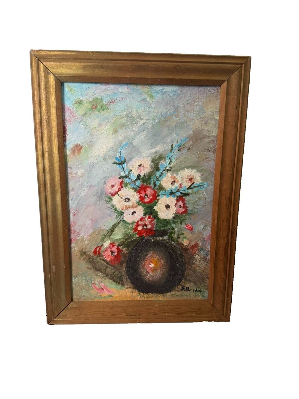 Vintage 1979 Oil Painting on Masonite Floral Still Life Signed E Brodie Framed